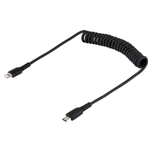 StarTech.com Cable de 50cm USB-C a Lightning MFi, Cable USB Tipo C Rizado de Carga Negro para iPhone, con Recubrimiento