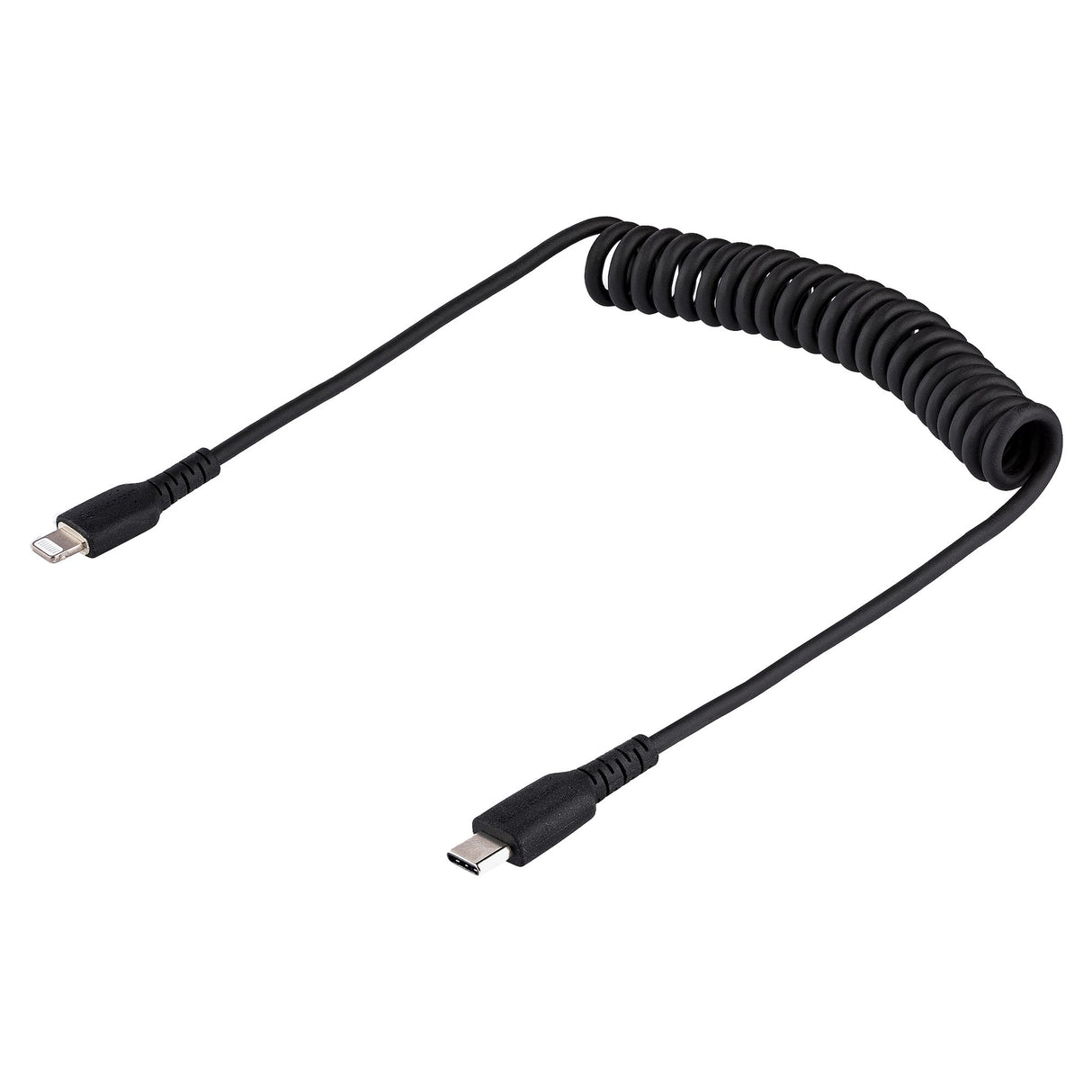 StarTech.com Cable de 1m USB-C a Lightning MFi, Cable USB Tipo C Rizado de Carga Negro para iPhone, con Recubrimiento de