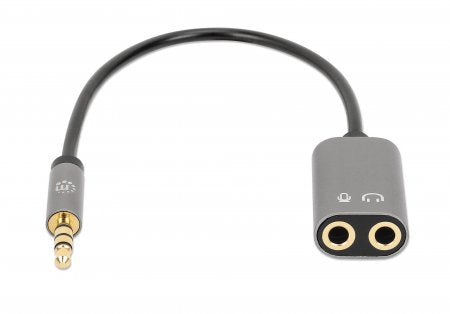 Manhattan Adaptador Auxiliar en “Y” de un Plug a 2 salidas 3.5 mm, Negro, Plata