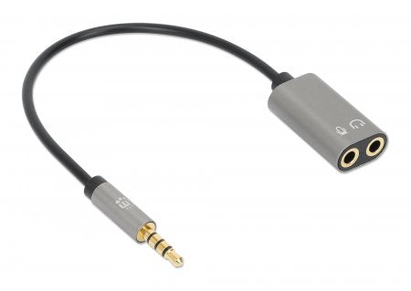 Manhattan Adaptador Auxiliar en “Y” de un Plug a 2 salidas 3.5 mm, Negro, Plata