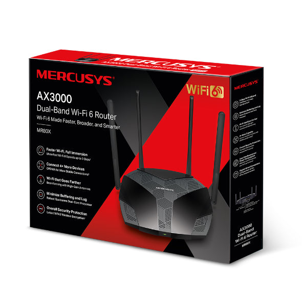 Mercusys MR80X router inalámbrico Gigabit Ethernet Doble banda (2,4 GHz / 5 GHz) Negro, Wi-Fi 6 (802.11ax), Router de me