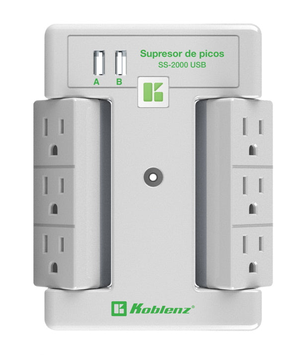 SUPRESOR KOBLENZ 6 CONT GIRATORIOS 2 PTOS USB 2.4A 8 Tomas 1500J 1500W 5ft Cable