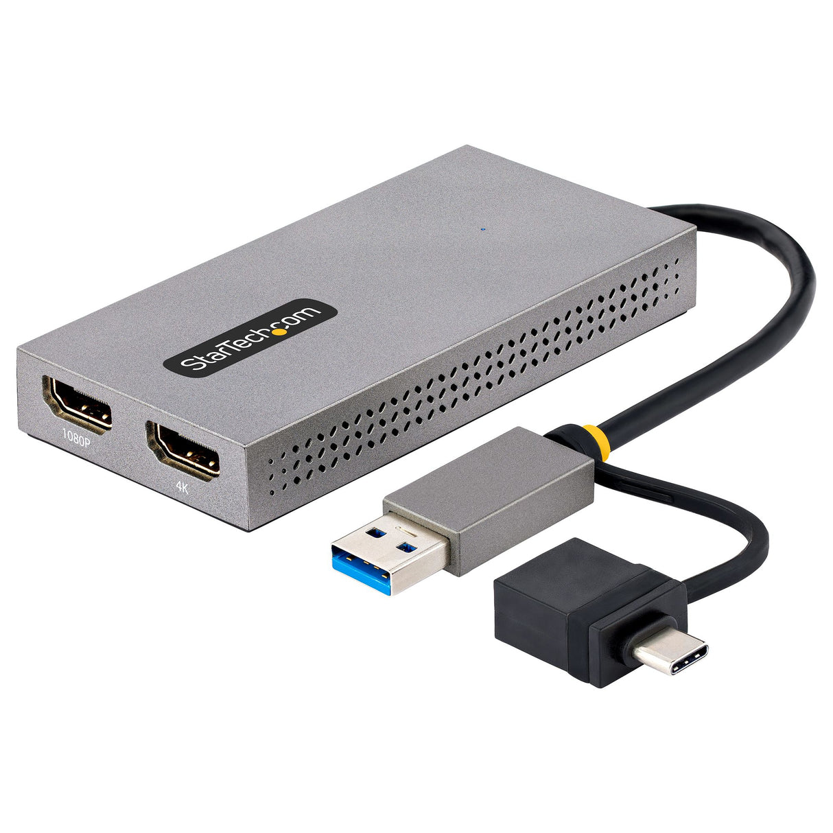 StarTech.com Adaptador de USB a HDMI Doble, USB A/C a 2 Pantallas HDMI (1x 4K30Hz, 1x 1080p), Dongle Integrado USB-A a C, Cable de 11cm, Adaptador USB 3.0 a HDMI, Windows y macOS adaptadores gráficos usb USB tipo A, USB Tipo C Macho Derecho Si
