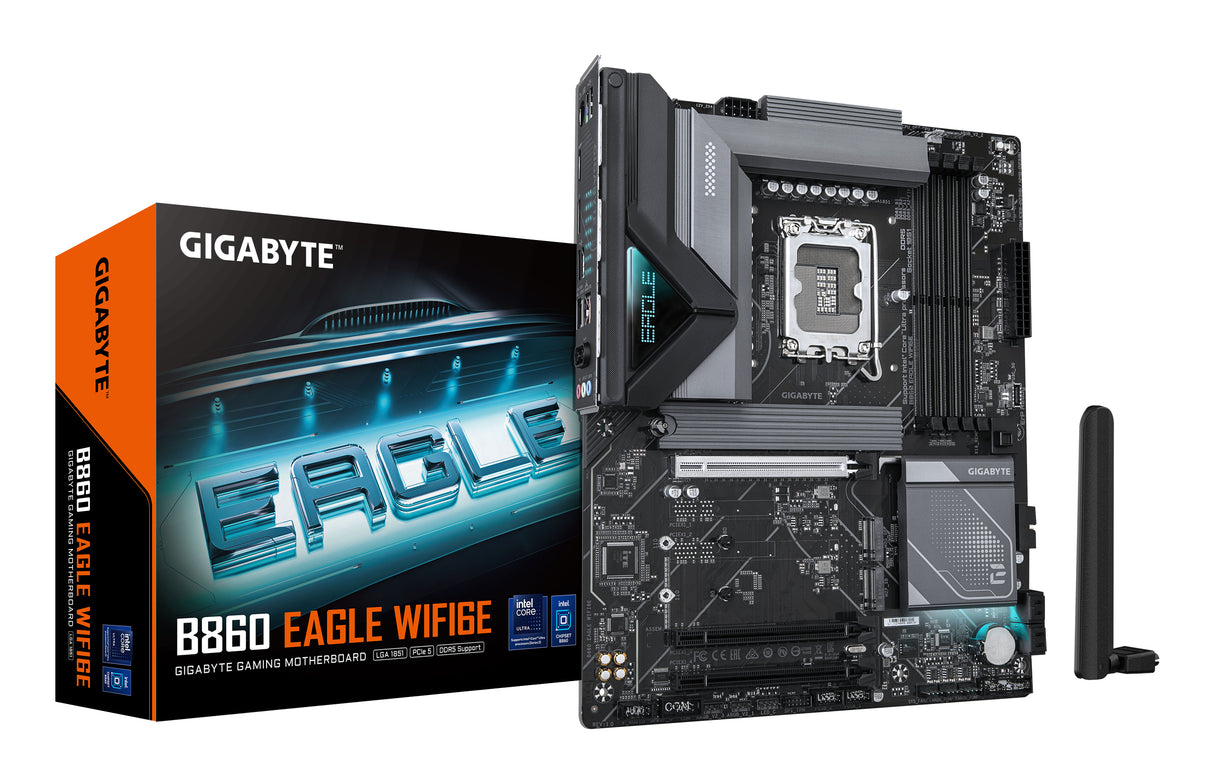 GIGABYTE B860 EAGLE WIFI6E Placa base - CPUs Intel Core Ultra, VRM de 12+1+2+1 fases, hasta 9066MHz DDR5, 1xPCIe 5.0 + 2xPCIe 4.0 M.2, LAN 2,5 GbE, WIFI 6E, USB 3.2 Gen 2x2 placas base Intel LGA 1851 (Socket V1) LGA 1851 DDR5-SDRAM