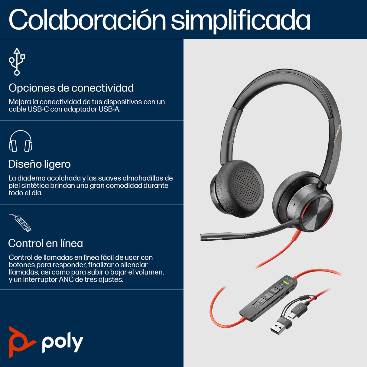 HP Poly Auriculares estéreo Poly Blackwire 8225 USB-C + Adaptador USB-C/A Auriculares Auriculares Diadema Oficina/Centro de llamadas Binaural