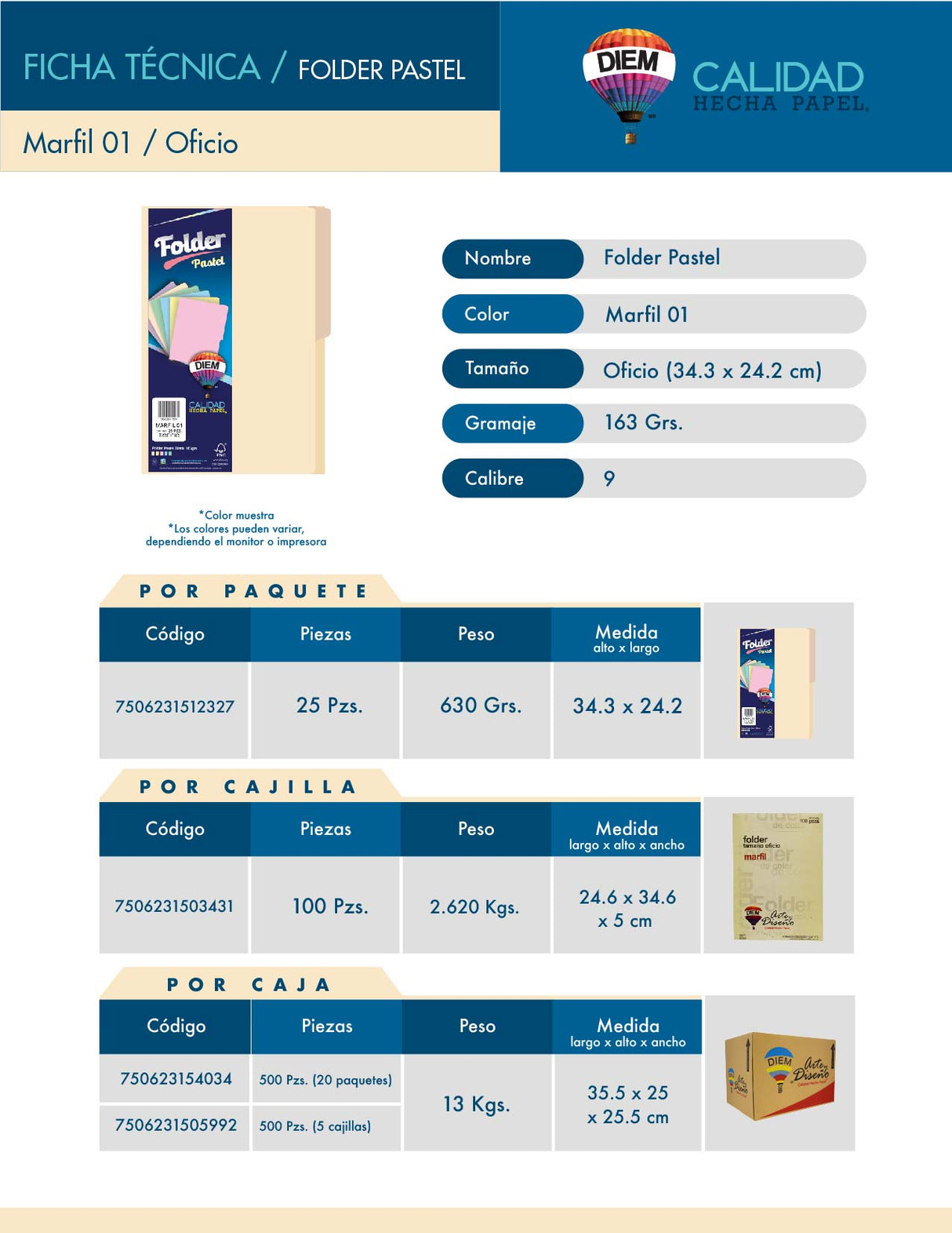 DIEM Folder Tamaño Oficio MF01OC100, Producto Empresarial, 100 Unidades