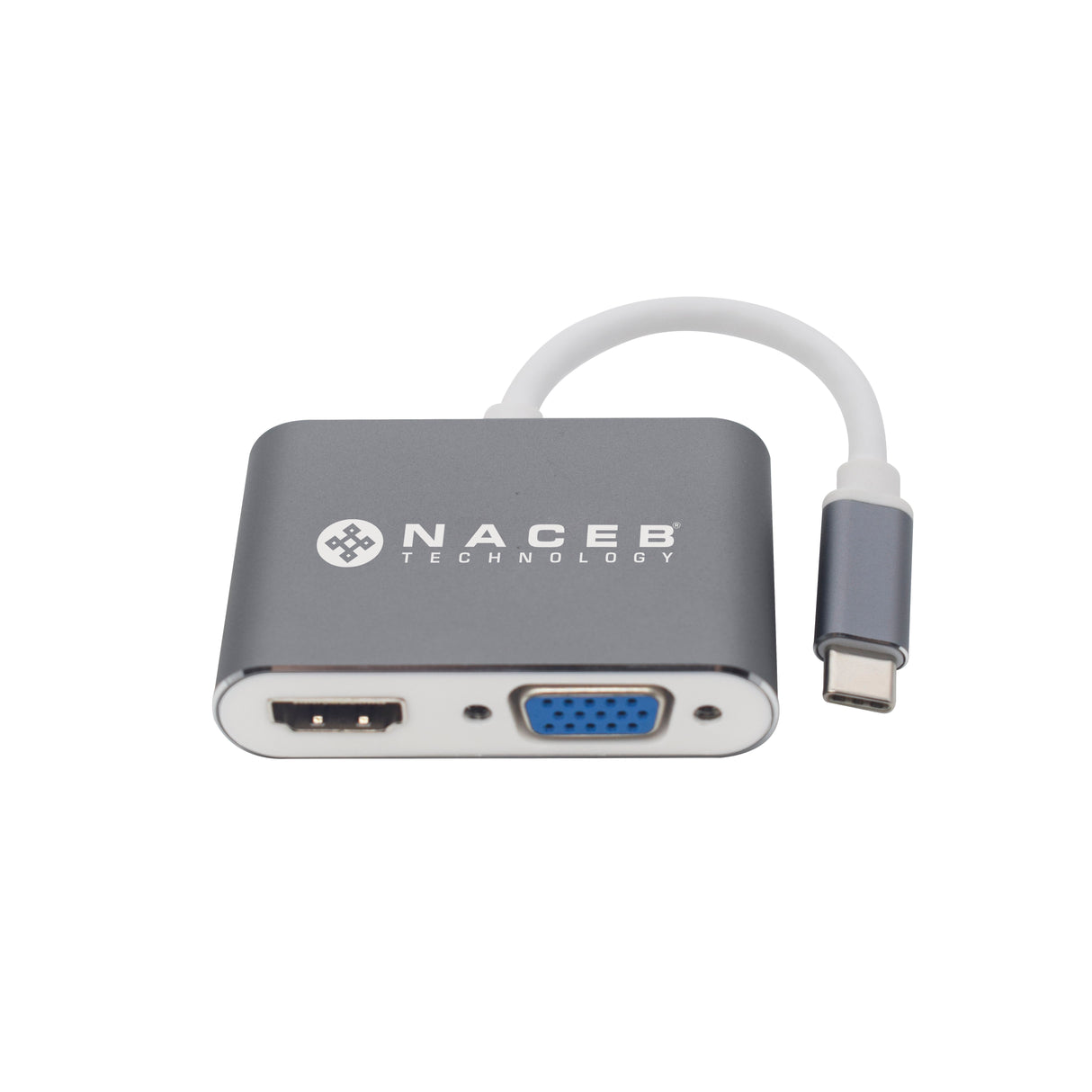 Naceb Technology Adaptador Tipo C a HDMI+VGA NA-0113, 4K, Plug & Play, USB-C