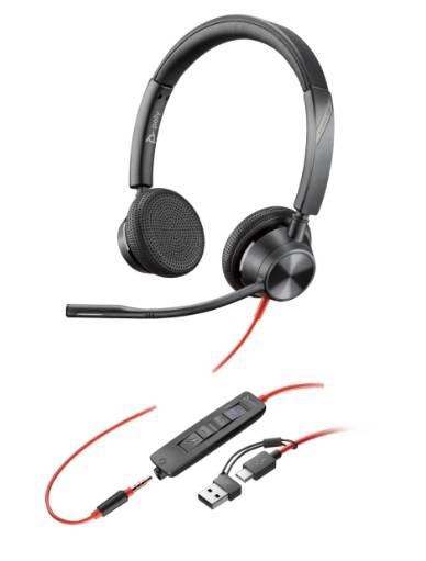 Poly Auriculares Estéreo 3325, Conector 3.5 mm, Adaptador USB-C, Certificación Microsoft Teams