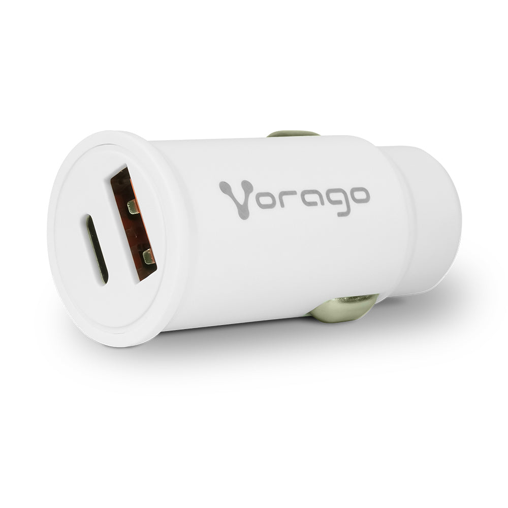 Cargador de Auto VORAGO AU-305-WH USB-A QC 3.0 + USB-C PD 20W Carga Rápida Blanco