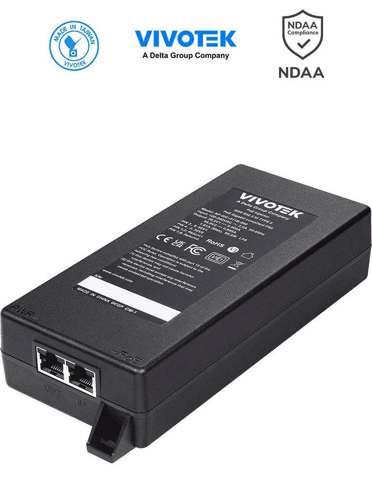 Inyector PoE Gigabit VIVOTEK AP-GIC-011B-090 - 90W, 1 puerto, 802.3af/at/bt, NDAA, 56VDC/1.61A, 6KV