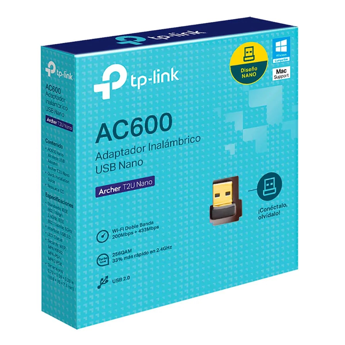 ADAPTADOR USB INALAMBRICO TP-LINK AC600 NANO BANDA DUAL 1T1R B40003X ARCHER T2U NANO