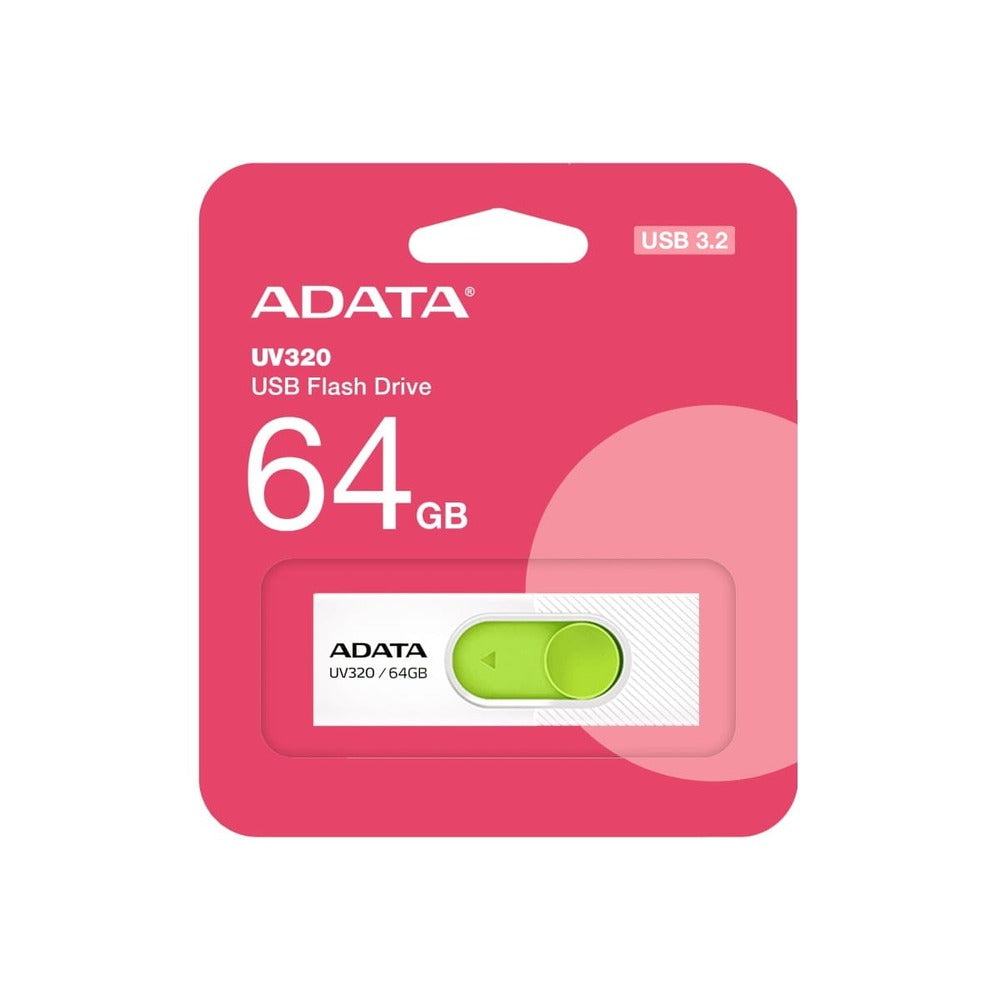MEMORIA FLASH ADATA UV320 64GB USB 3.2 WHITE-GREEN, 100MB/s Lectura, 30MB/s Escritura