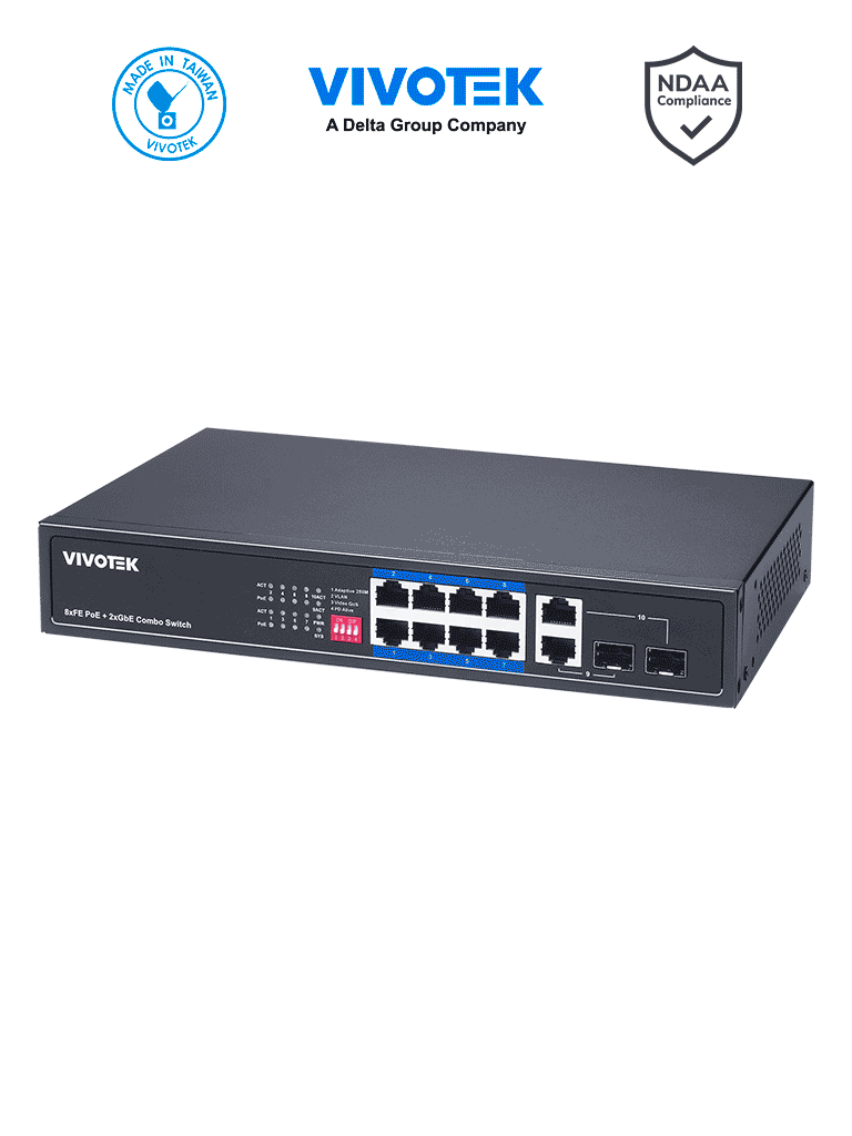 VIVOTEK Switch PoE No Administrable AW-FGT-100P-110, 8 Puertos PoE, 110W Total, 30W por Puerto, Modo Extendido 250m