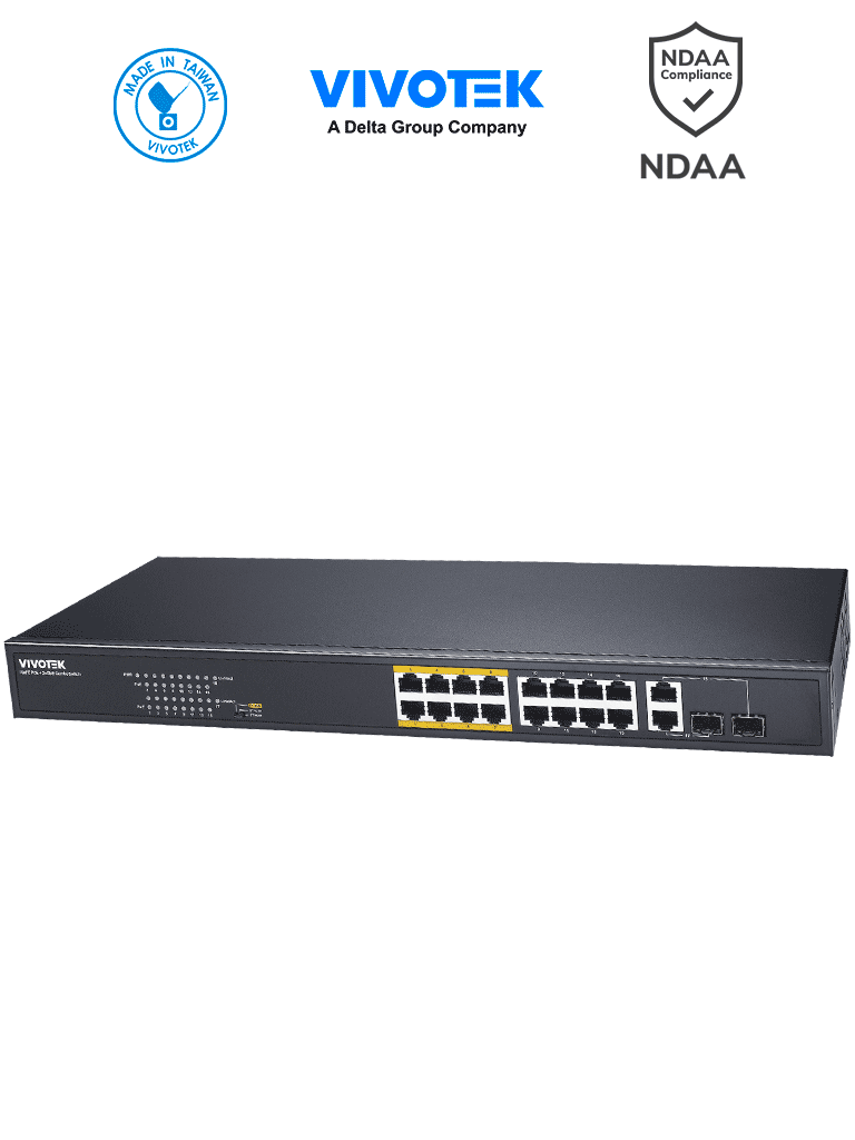 AW-FGT-180F-250 VIVOTEK Fgt-180f-250 - switch poe no administrable con 16 puertos poe fe rj45, 2 puertos combo ge rj45/sfp, 30w por puerto, 250w totales, 8 puertos modo extendido hasta 250m, 7.2 gbps y protección 6kv.