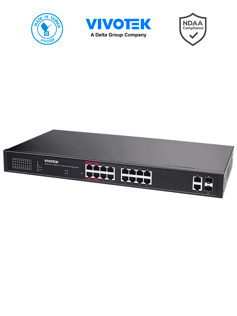 VIVOTEK Switch PoE AW-GEL-205A-260, 20 Puertos, 40 Gbps, 260W Totales, PoE Extendido 250 Mts