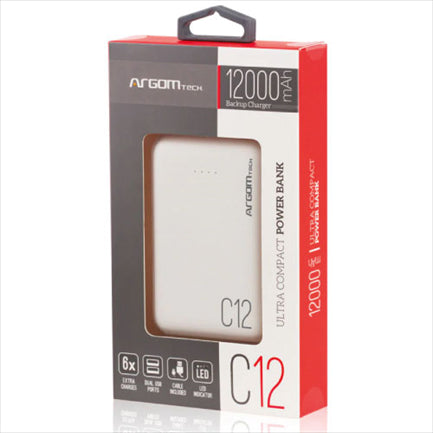 Power Bank Argomtech C12 12000mAh Ultracompacto 2 Puertos 2.1A/2A Blanco