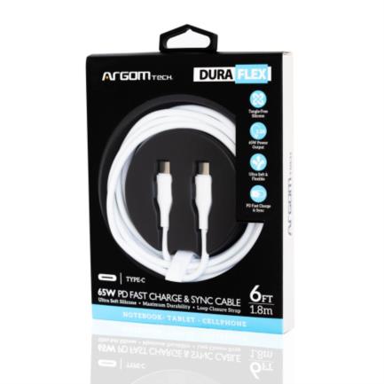 Cable Argomtech Carga Rápida Tipo C 65W, 1.8m Blanco, Transferencia de Datos 10Gbps