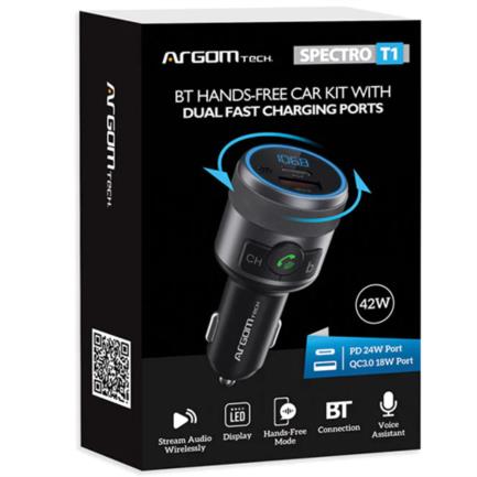 Manos Libres Argomtech Auto Spectro T1 Bluetooth Pantalla LED 2 Puertos Carga Rápida 42W USB Negros