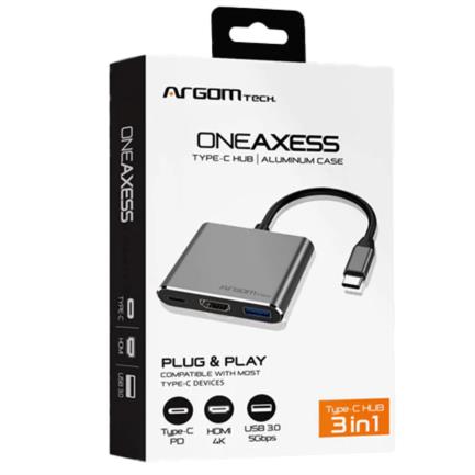 Hub Argomtech One Axess 3 en 1 Puerto Tipo C HDMI PD/USB 3.0 4K 60Hz 100W