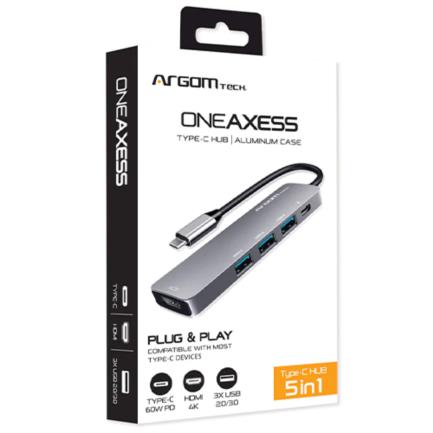 Hub Argomtech One Axess 5 en 1 Tipo C a HDMI USB PD 100W, 4K, 5Gbps