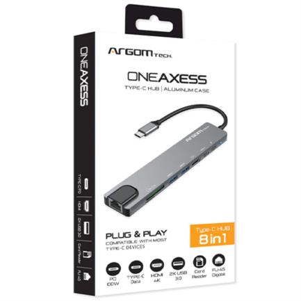 Hub Argomtech One Axess 8 en 1 HDMI/USB/RJ45/Tipo-C/Ranura PD/Lector de Tarjetas, 10 Gbps, 4K, 5V