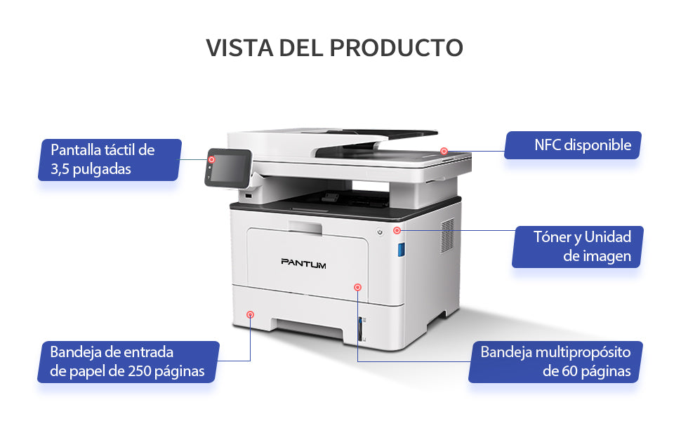 MULTIFUNCIONAL PANTUM BM5100AFDW PPM 42 NEGRO, LASER MONOCROMATICO, USB, WIFI, ETHERNET RED, DUPLEX, ADF, CAMA PLANA CARTA, FAX FullOffice.com