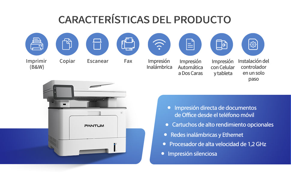 MULTIFUNCIONAL PANTUM BM5100AFDW PPM 42 NEGRO, LASER MONOCROMATICO, USB, WIFI, ETHERNET RED, DUPLEX, ADF, CAMA PLANA CARTA, FAX FullOffice.com