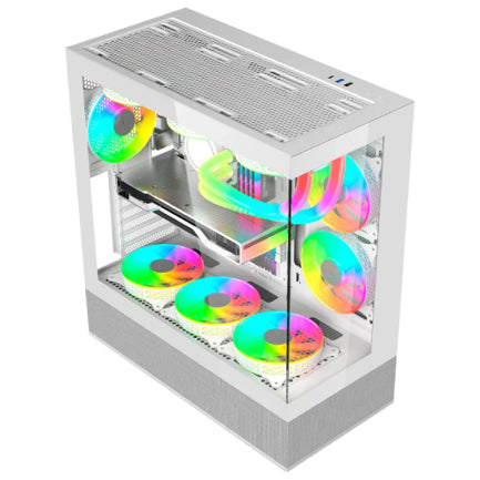 Gabinete Gamer BALAM RUSH Media Torre Tank Super 9200 TB / Max MB ATX / GPU 400 mm / 1xUSB C + 1xUSB 3.0 + 1x USB + Audio + 3xFan ARGB / Paneles de Cristal / Legend Blanco
