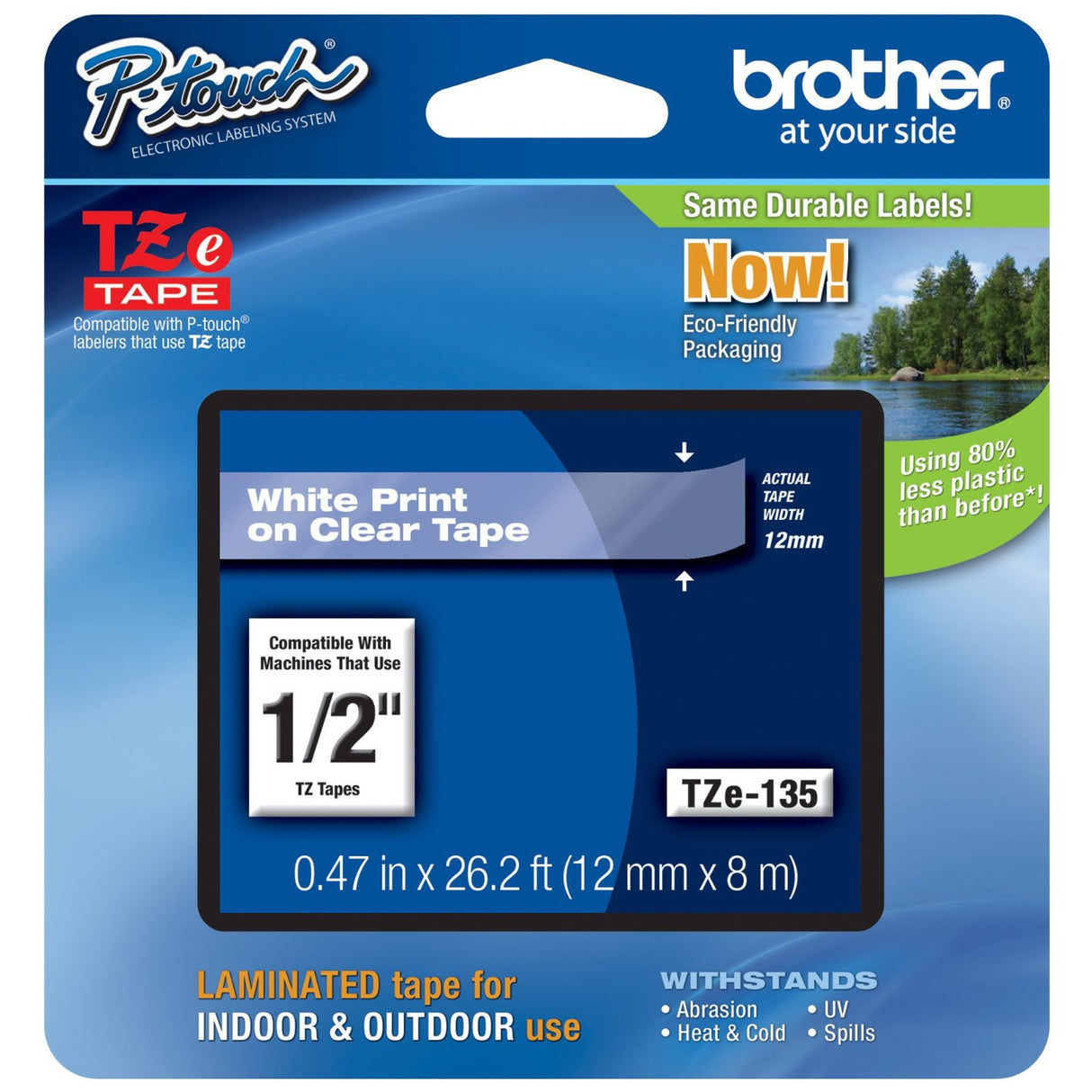 Brother Cinta Laminada TZES135, 12mm, Adhesiva, Resistente al Agua, Uso Empresarial