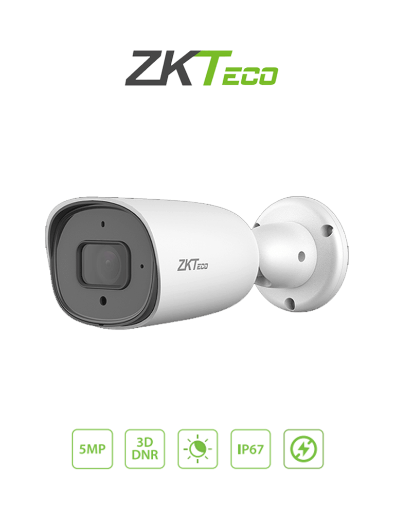 Cámara IP Bullet ZKTeco 5MP H.265, Lente 3.6mm, IR 30m, Detección Facial, Micrófono, PoE, IP67, P2P, ONVIF S