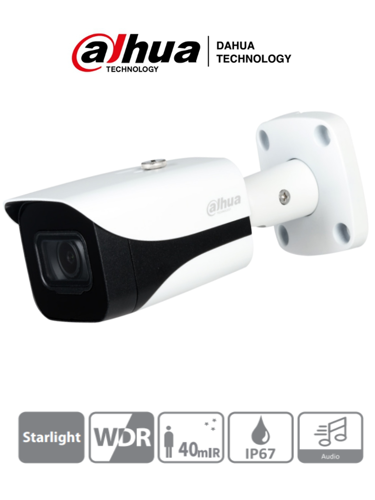 Cámara Bullet Dahua HAC-HFW2501E-A-28 de 5 MP Starlight, Lente 2.8mm, IR 40 m, WDR Real, Micrófono Integrado