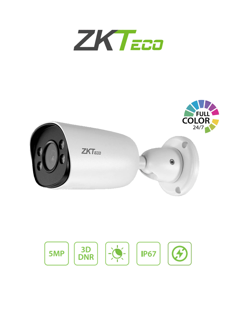 Cámara IP Bullet ZKTECO BS855P12CS7CMI 5MP Full Color, H.265, Lente 3.6mm, IR 20mts, Detección Facial, Micrófono, PoE, IP67, P2P, ONVIF S