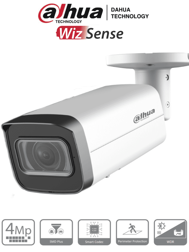 Cámara IP Bullet Dahua 4MP Motorizado 2.7-13.5mm WizSense 60m IR SMD Plus MicroSD IP67 IK10