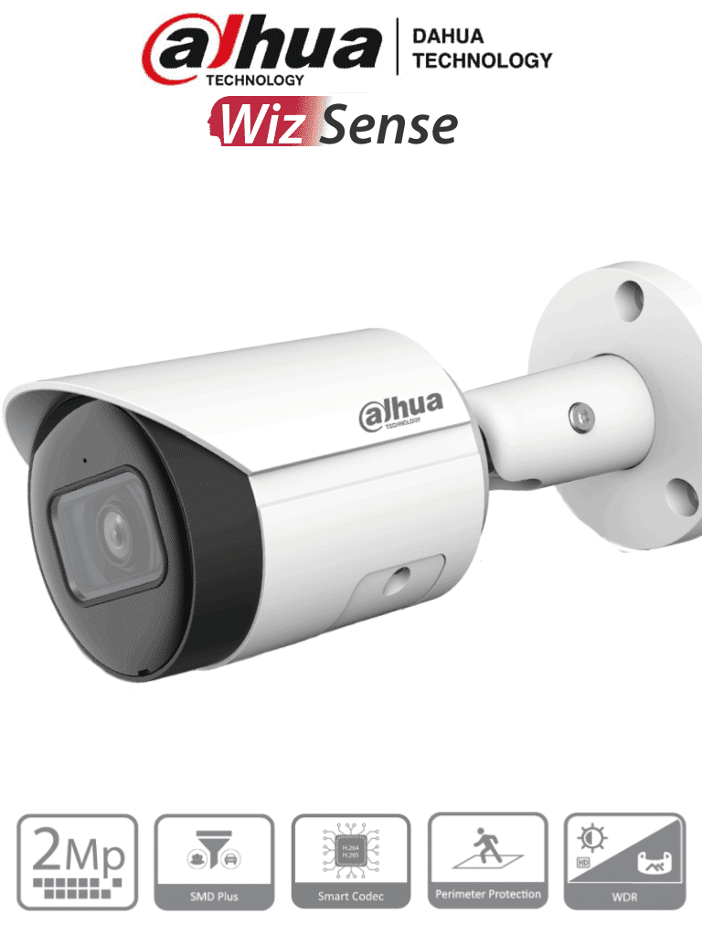 Cámara IP Bullet Dahua IPC-HFW2241S-S 2MP, Lente 2.8mm, WizSense, IR 30m, SMD Plus, Micrófono, PoE, Ranura microSD, IP67, WDR 120dB