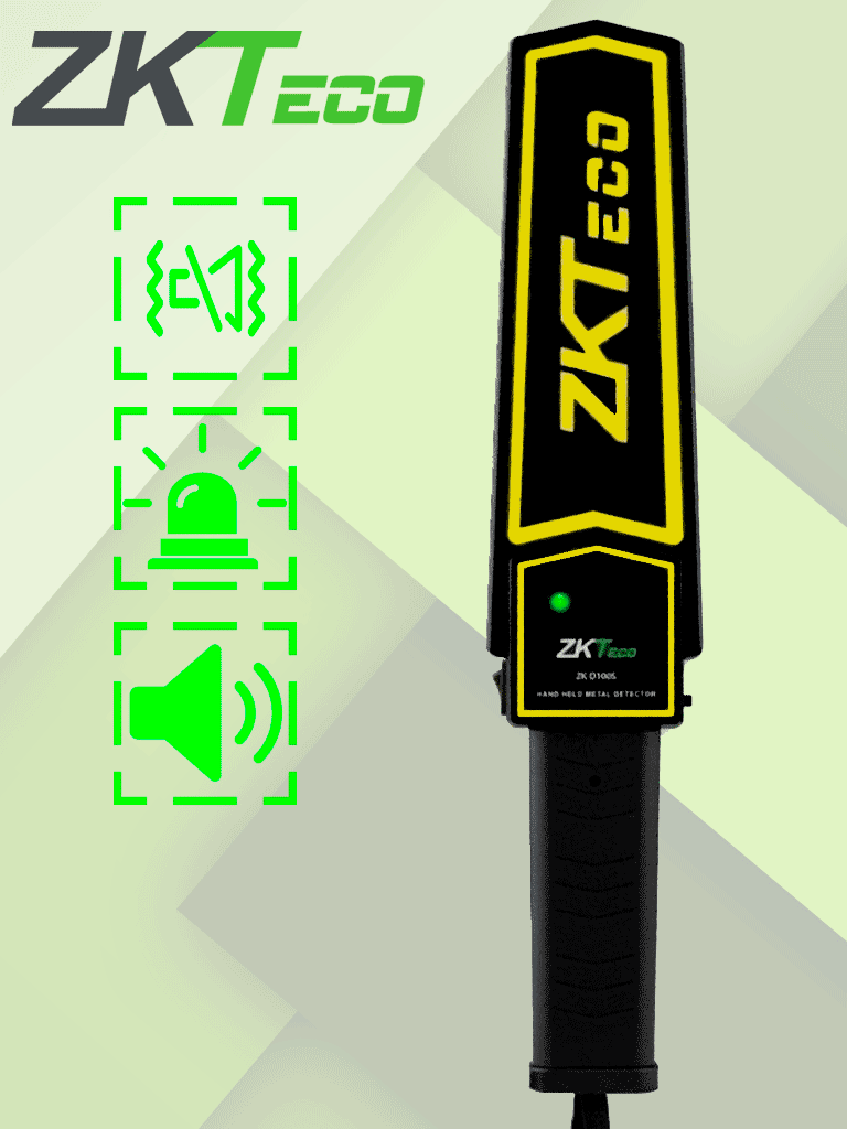 Detector portátil ZKTECO D100S con batería de litio recargable, alarma configurable y 75dB de intensidad.