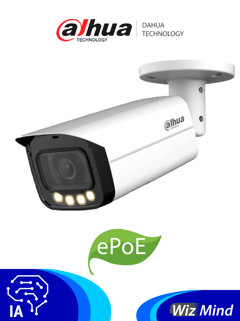 Cámara IP Bullet Dahua 4MP Full Color 2.8mm 60m Iluminación Micrófono Facial Personas Perimetral ePoE IP67 Alarmas Micro SD
