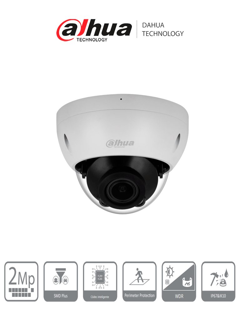 Cámara Domo IP Dahua DH-IPC-HDBW2241R-ZS 2MP 2.7-13.5mm H.265 IR 40m WDR SMD Plus IP67 IK10 POE