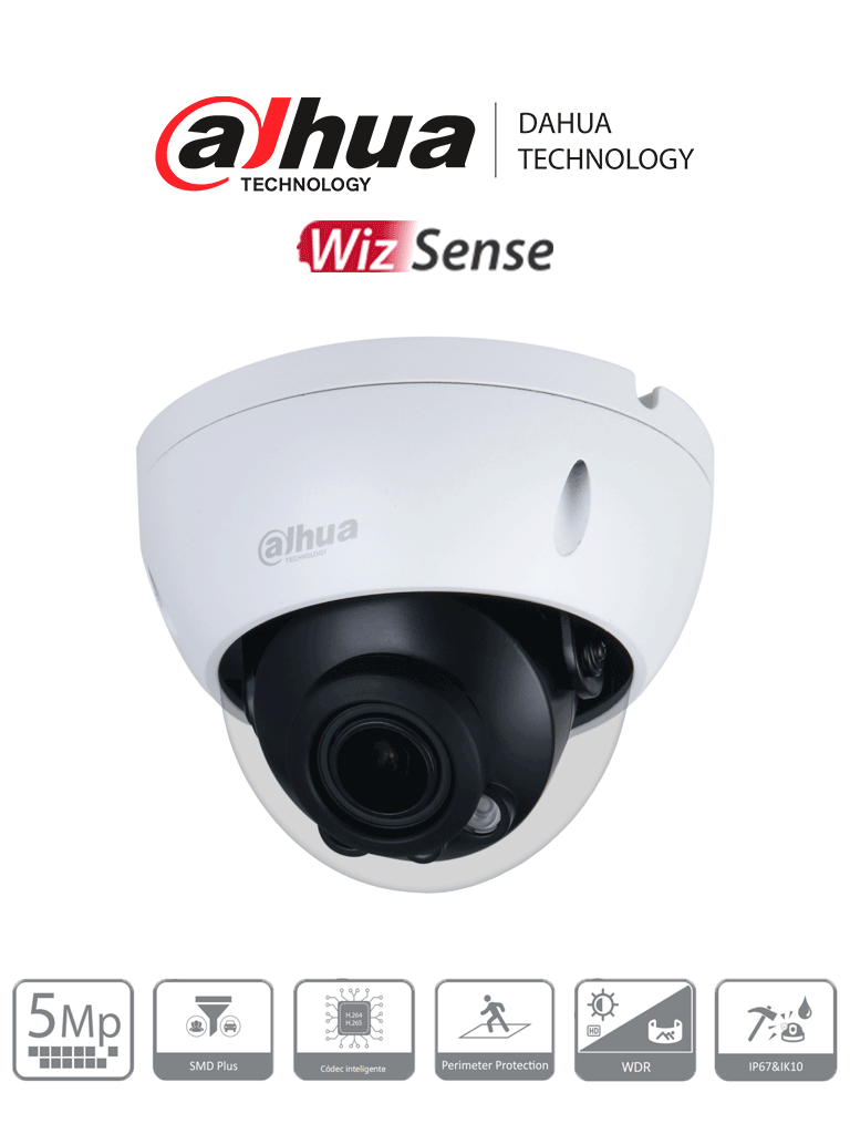Cámara IP DAHUA 5MP Motorizado 2.7-13.5mm WizSense IR 40m MicroSD Alarma Ik10 PoE SMD Plus
