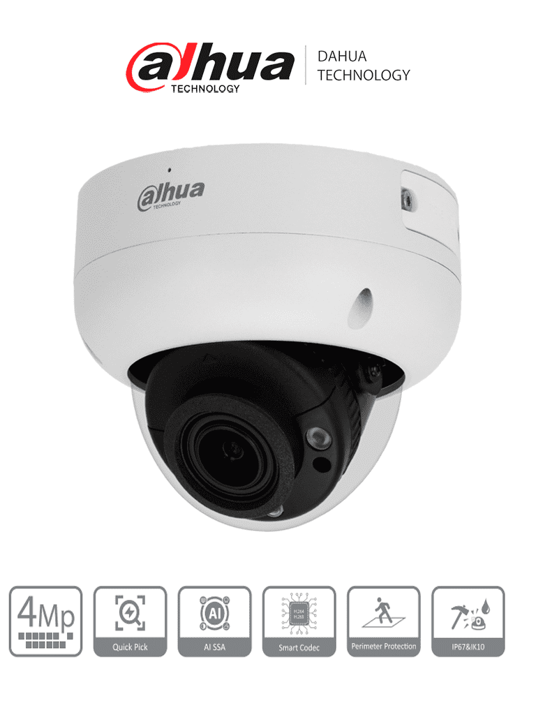 Cámara IP Domo Dahua DH-IPC-HDBW3441R-ZAS-S2, 4MP, Lente Varifocal, IR 40mts, SMD, Micrófono, Ranura Micro SD, PoE, IP67, E/S Alarma