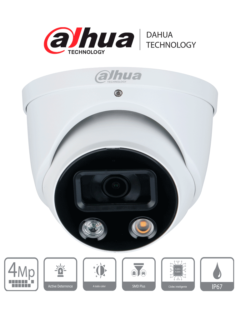 Cámara IP Dahua TiOC 4MP/ WizSense/ Lente 2.8mm/ Iluminador Dual/ Sirena/ Estrobo/ Micrófono/ SD/ IP67/ PoE