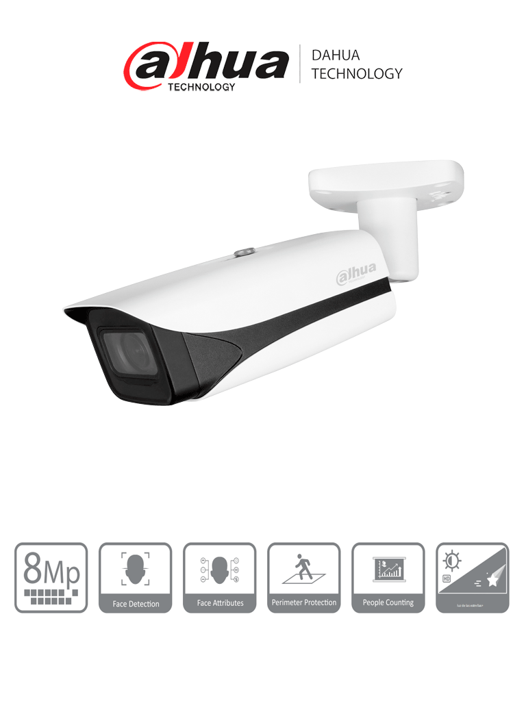 Cámara IP Dahua 4k DH-IPC-HFW5842E-ZE, Lente 2.7-12mm, IR 60m, SMD 3.0, WDR, Micro SD, ePoE, IP67, IK10, Alarma/Audio, Facial.