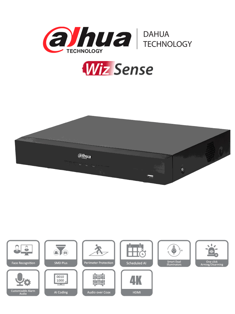 DVR Dahua XVR5104HE-4KL-I3 4 Canales 4K, WizSense, H.265, 8 Canales IP, Reconocimiento Facial, SMD Plus, E/S Alarmas, 1 Bahía HDD
