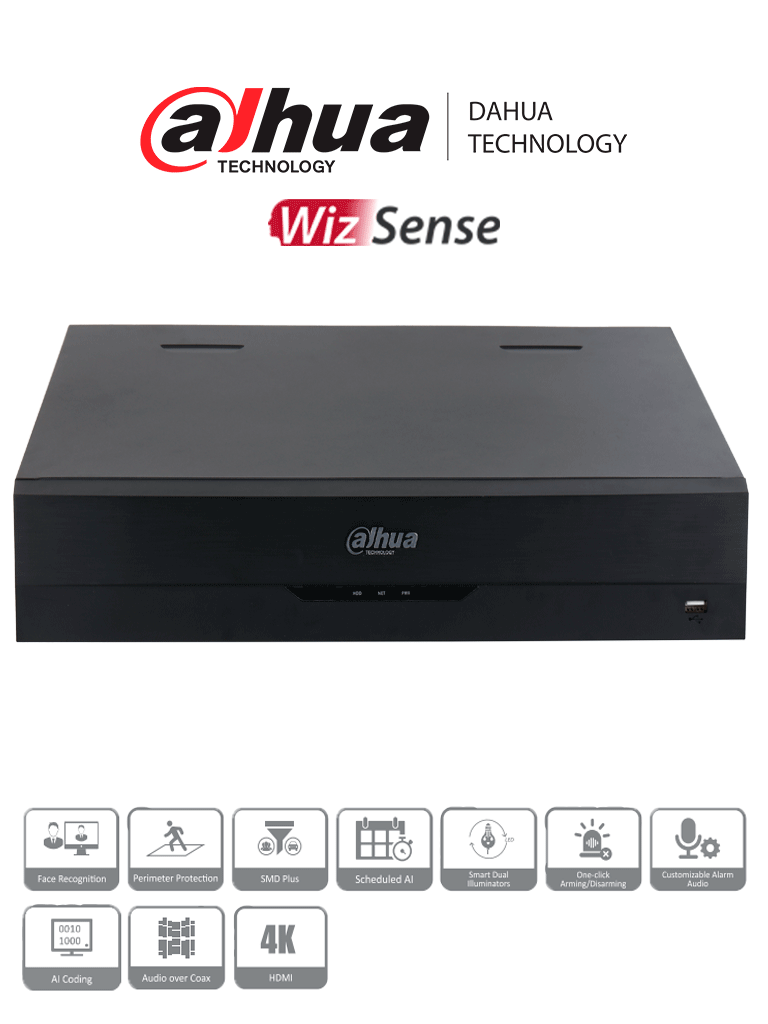 Dahua DH-XVR5432L-4KL-I3 DVR 32 Canales 4K WizSense H.265 32 Canales IP 6 Canales Reconocimiento Facial IA 4 Bahías HDD IoT POS ProHDCVI