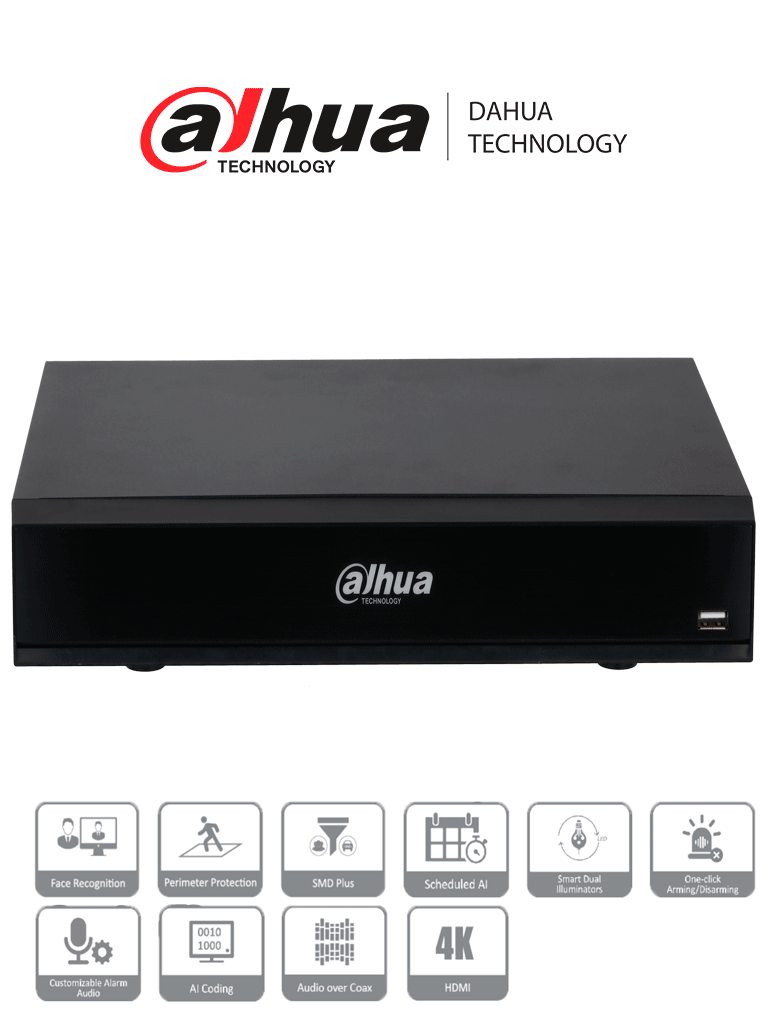 DVR Dahua XVR7104HE-4K-I3, 4 Canales 4K, H.265, 2 Canales Reconocimiento Facial, 8 Entradas, 3 Salidas Alarma, 1 Bahía 10TB