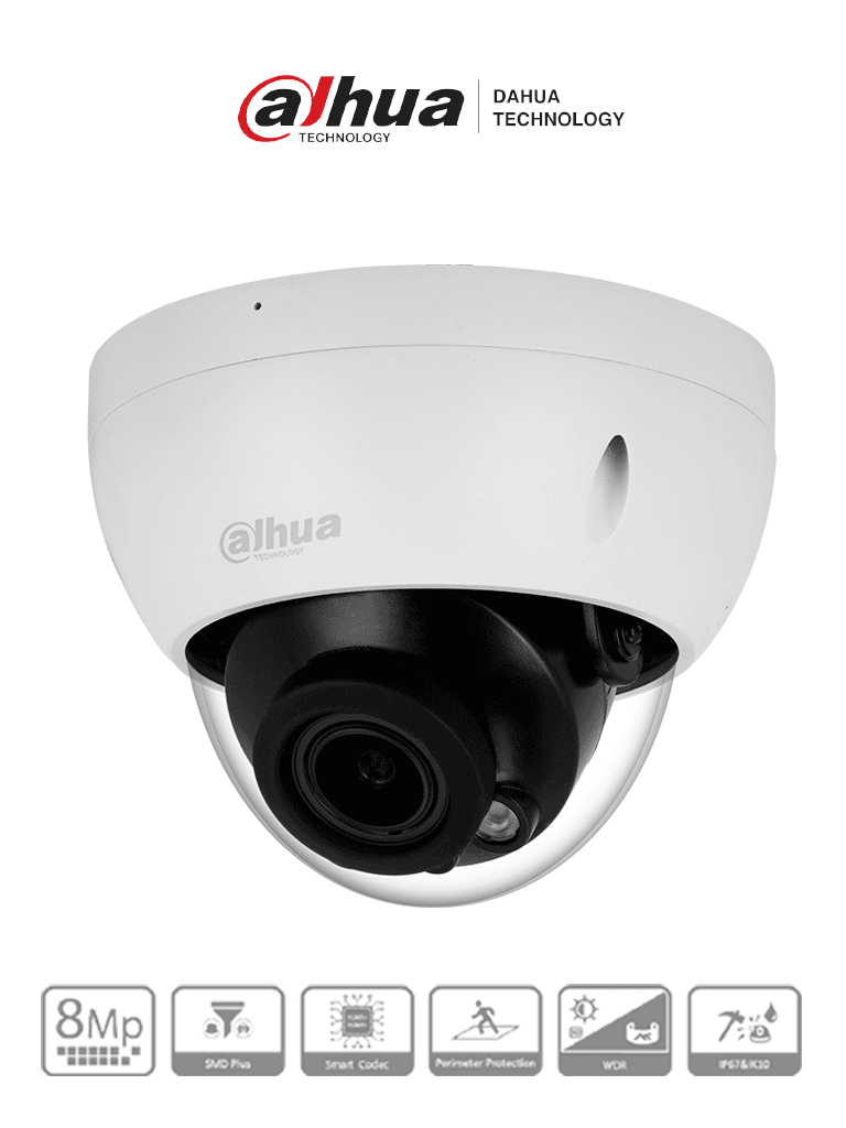 Cámara IP Domo Antivandálica Dahua 8MP, Lente Motorizado 2.7-13.5mm, IR 40m, IA WizSense, POE, WDR, H.265 IP67 IK10