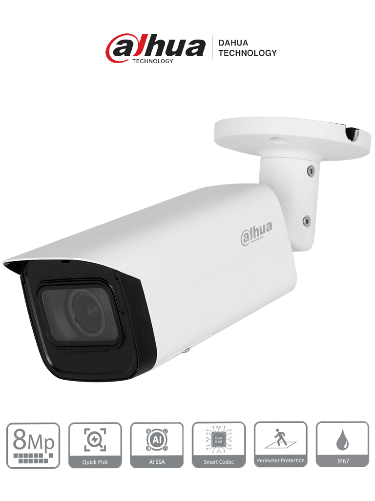 DAHUA Hfw3841t-zas-s2 cámara ip bullet 4k de 8 mp, lente motorizado 2.7-13.5 mm, ángulo 109¬∞, ir 60m, ia wizsense, detección de movimiento inteligente, protección perimetral, poe, wdr, h.265+, ip67, entrada/salida alarma y audio. DH-IPC-HFW3841T-ZAS-S2