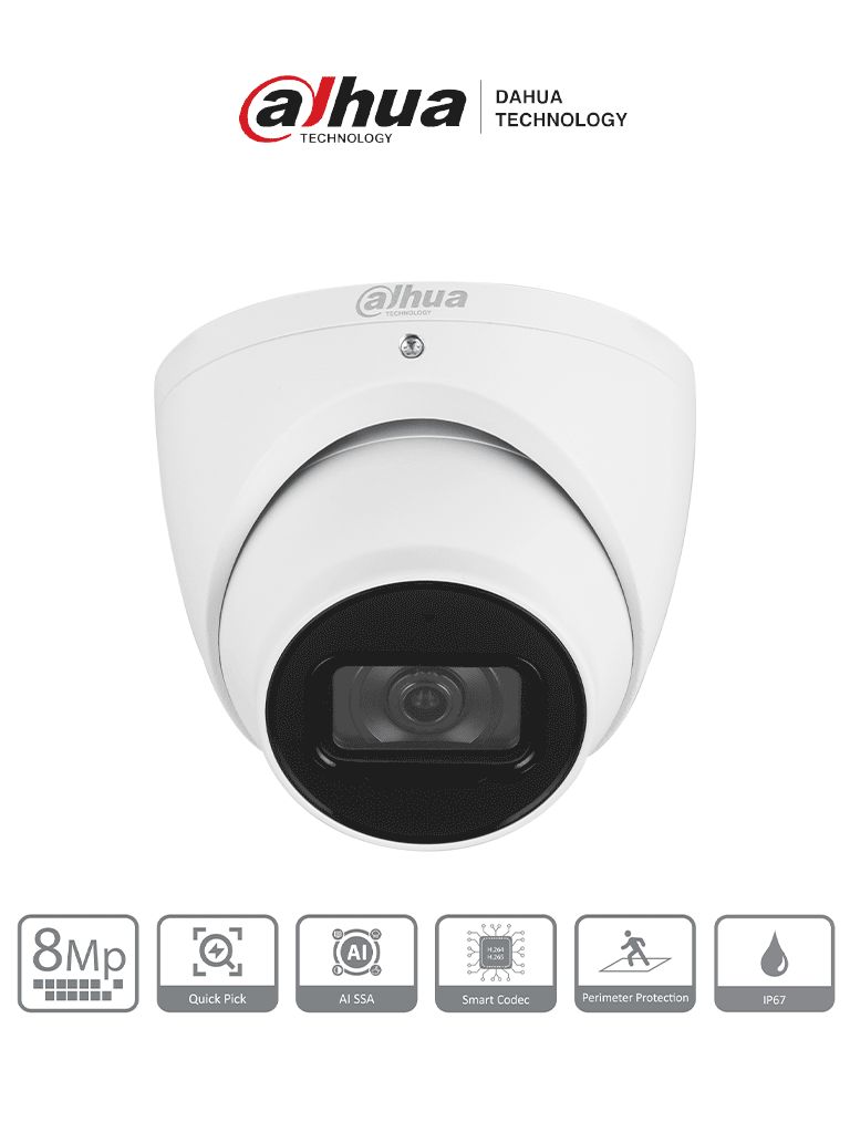 Cámara IP Dahua 8MP HDW3841EM-S-S2, Eyeball, 2.8mm, WizSense, IR 30m, SMD 4.0, AI SSA, MicroSD, IP67, PoE