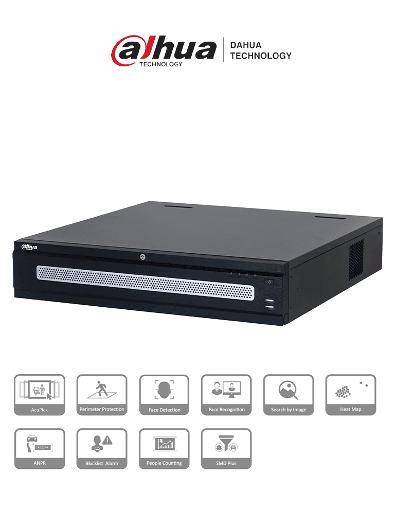NVR Dahua DHI-NVR608RH-128-XI 128 canales 2MP, 8HDD, 1024Mbps, RAID0/1/5/6/10, Detección de rostros, metadatos, SMD Plus.