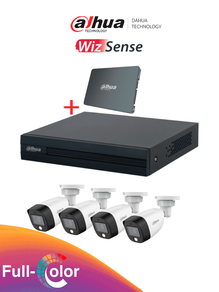 Kit Dahua XVR1B04-I SSD512G4HFW1209: 4 Canales con SSD de 512GB, 4 Cámaras Full Color 2MP, DVR Cooper I WizSense IA, Accesorios incluidos