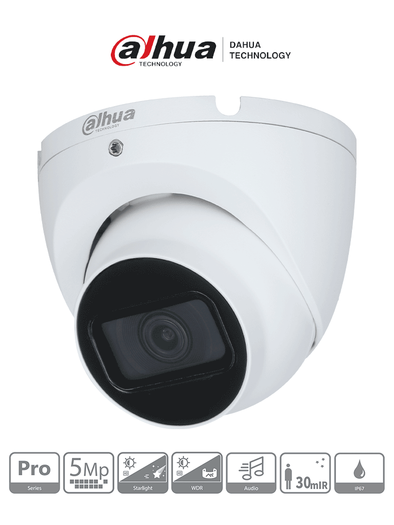 Cámara Domo Dahua 5MP Pro, 2.8mm, IR 30m, Micrófono, WDR 120dB, IP67